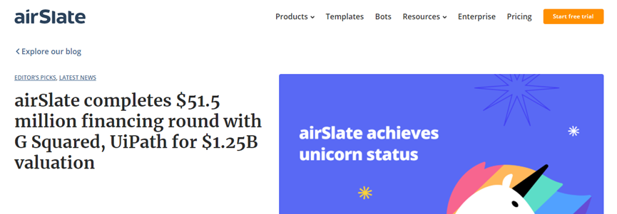 RPA廠商airSlate獲5150萬美元融資：UiPath領(lǐng)投，估值超12.5億美元