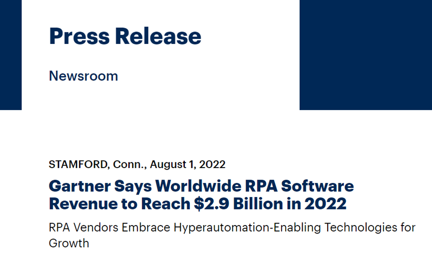Gartner：2022年全球RPA市場收入，將達(dá)到29億美元